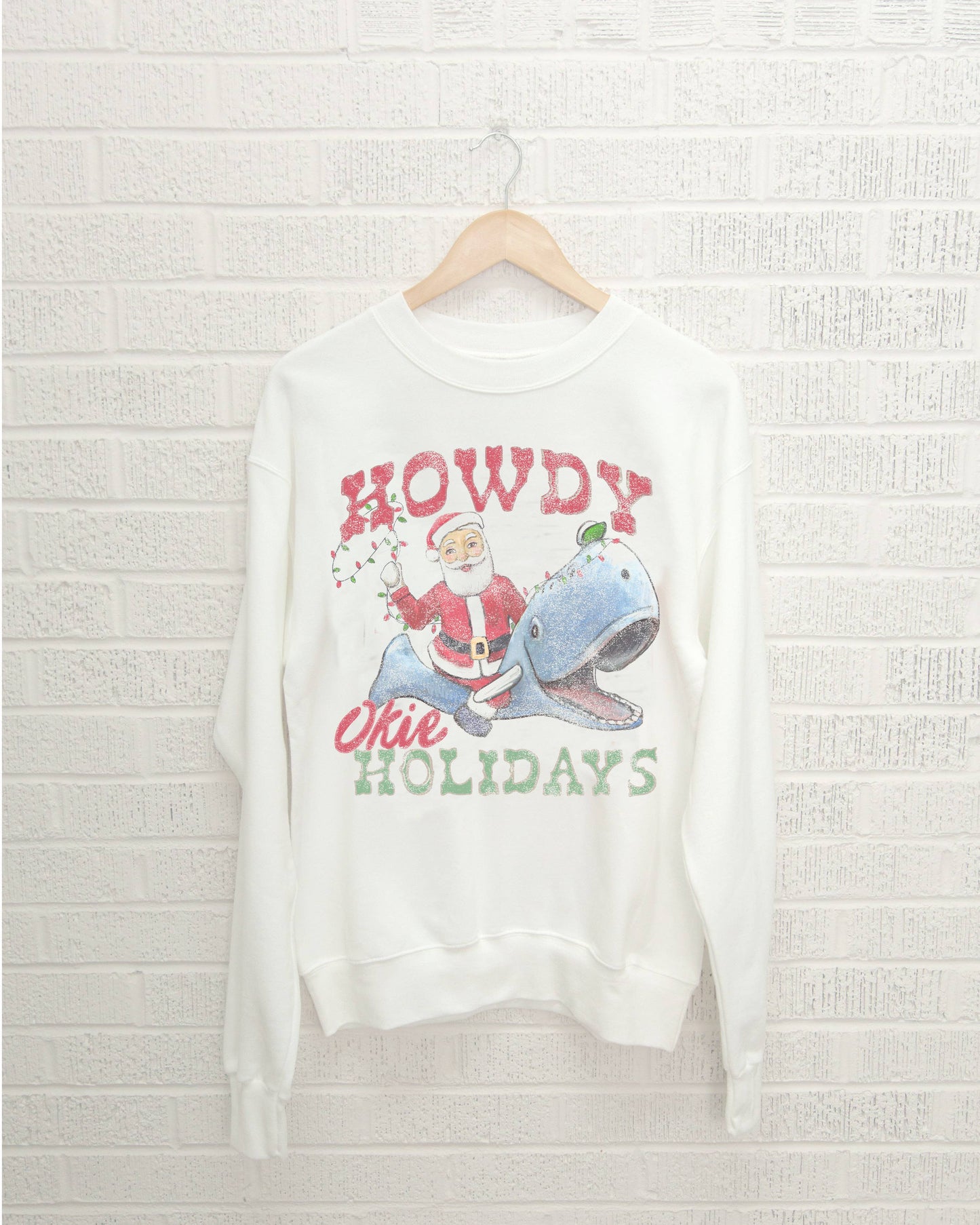 Christmas Howdy Okie Holidays White Thrifted Sweatshirt