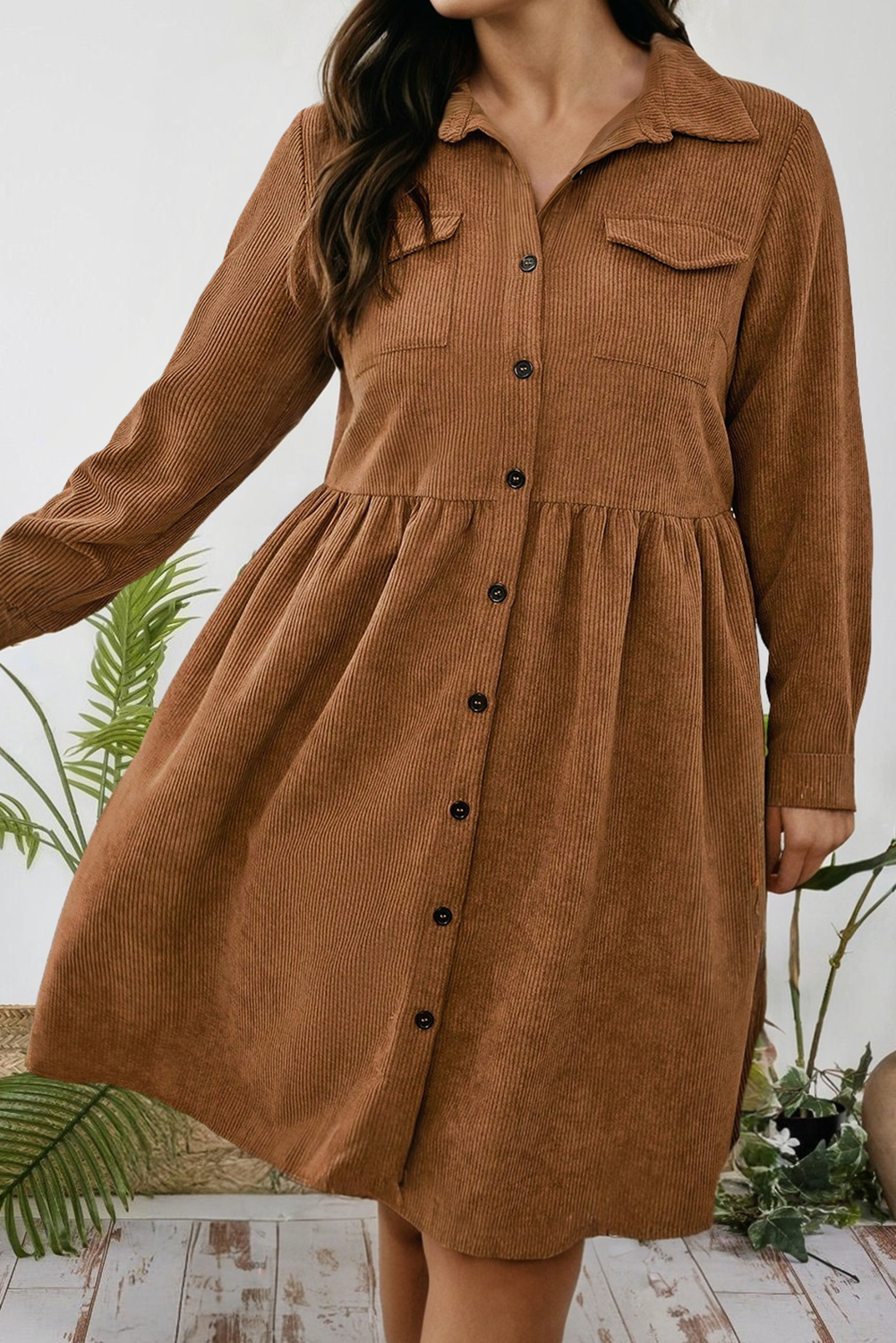 Corduroy Full Buttoned Collared Shirt Style Plus Size Dress