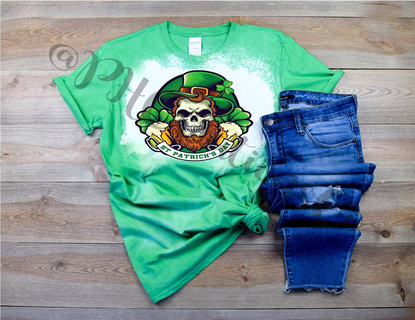 St. Patrick's Skull Bleached T-Shirt - Festive and Fun Tee