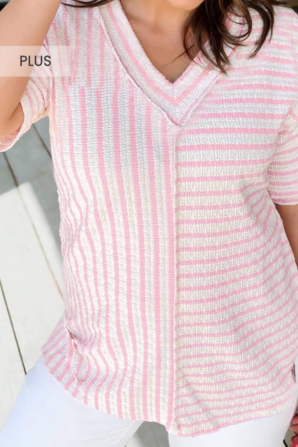 Stripe Plus Size V Neck Exposed Seam Patchwork T Shirt