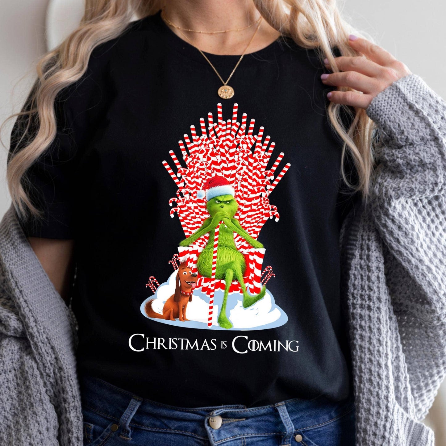 Grinch Candy Cane Throne Funny Christmas T-Shirt