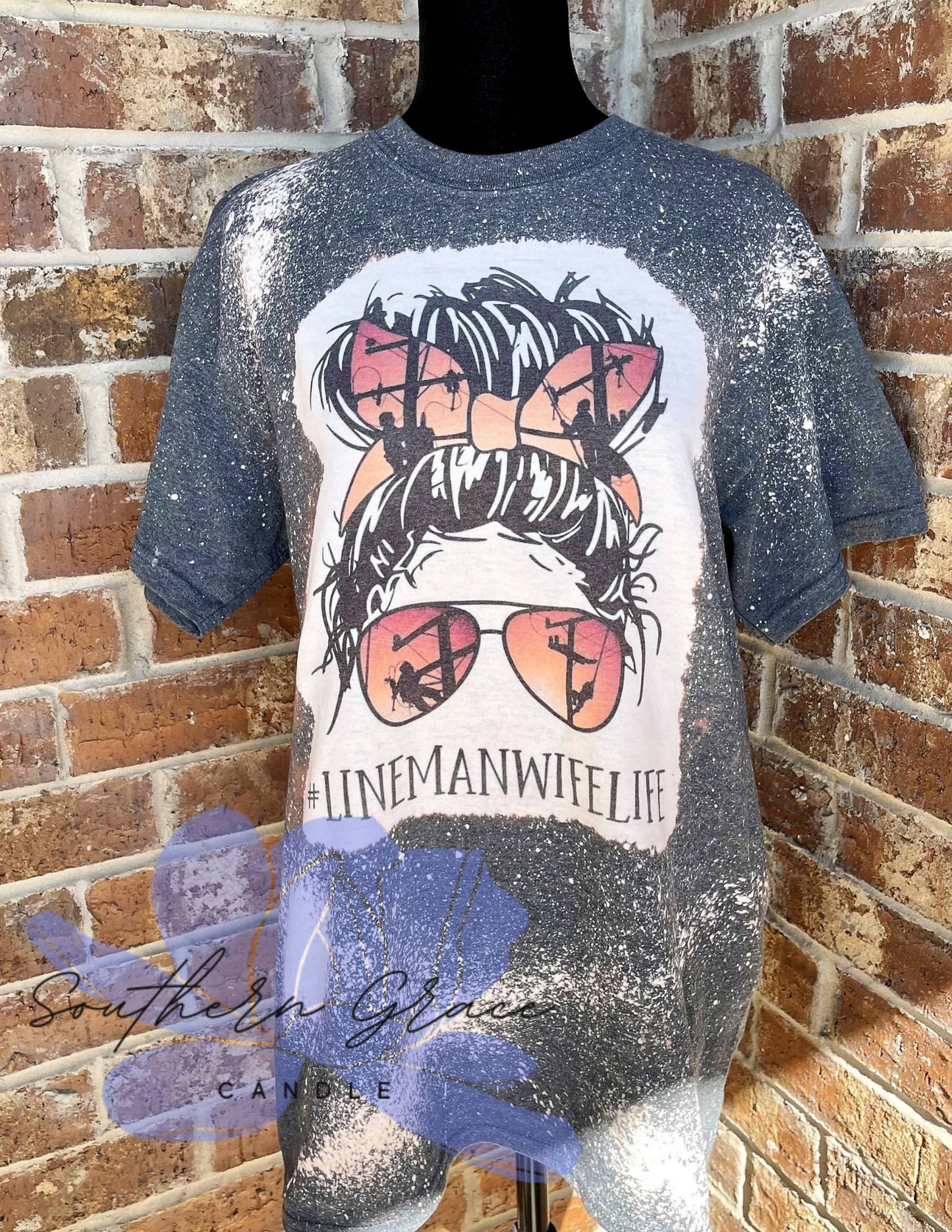 Lineman Wife – Distressed Shirt with Messy Bun Graphic Tee
