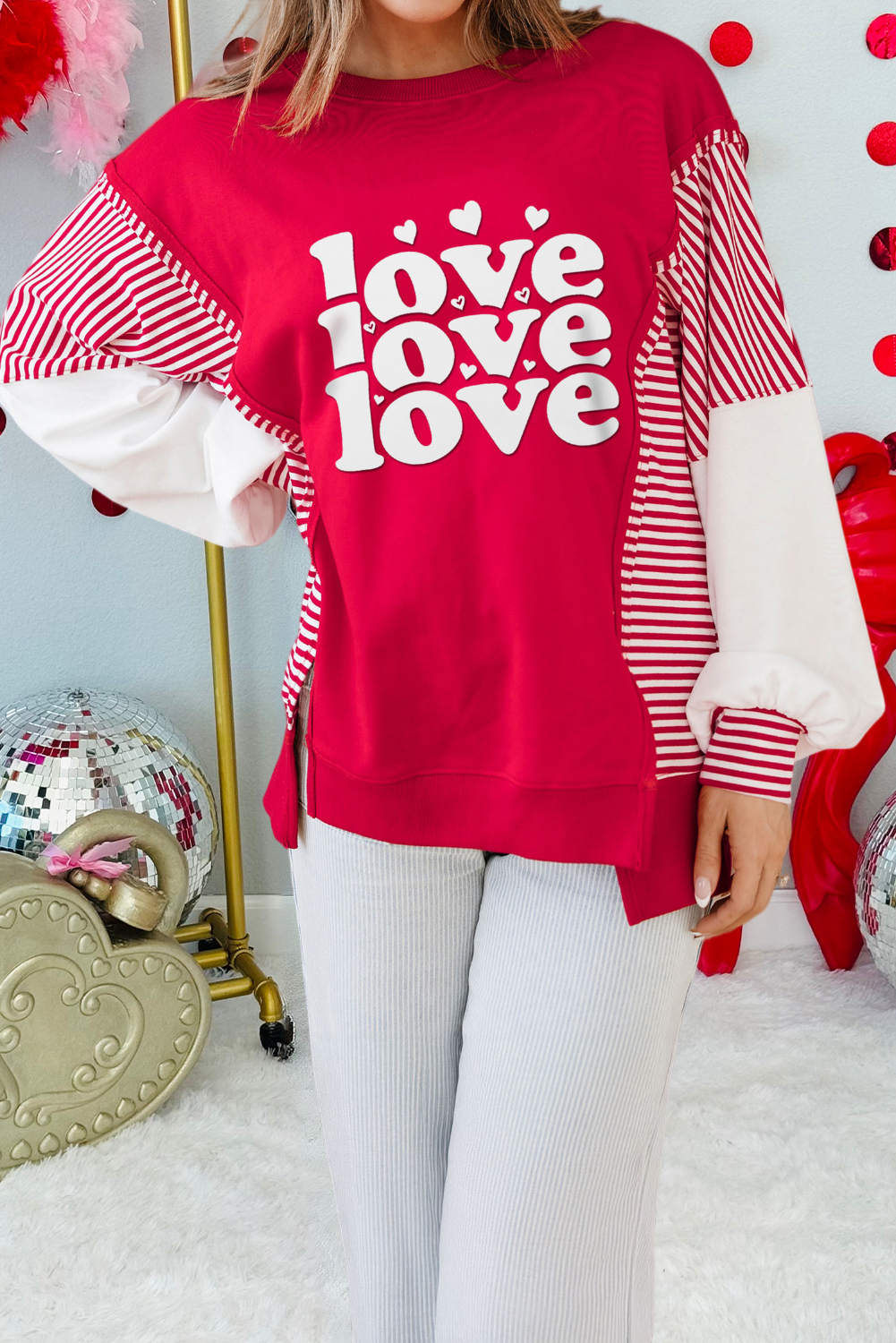Love Printed Striped Puff Sleeve Sweatshirt (S-Xl)