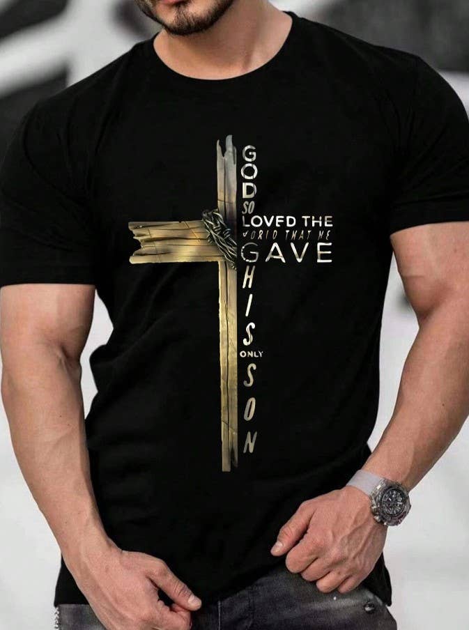 Men's Cross & Letter Print Round Neck Tee – Casual Summer To