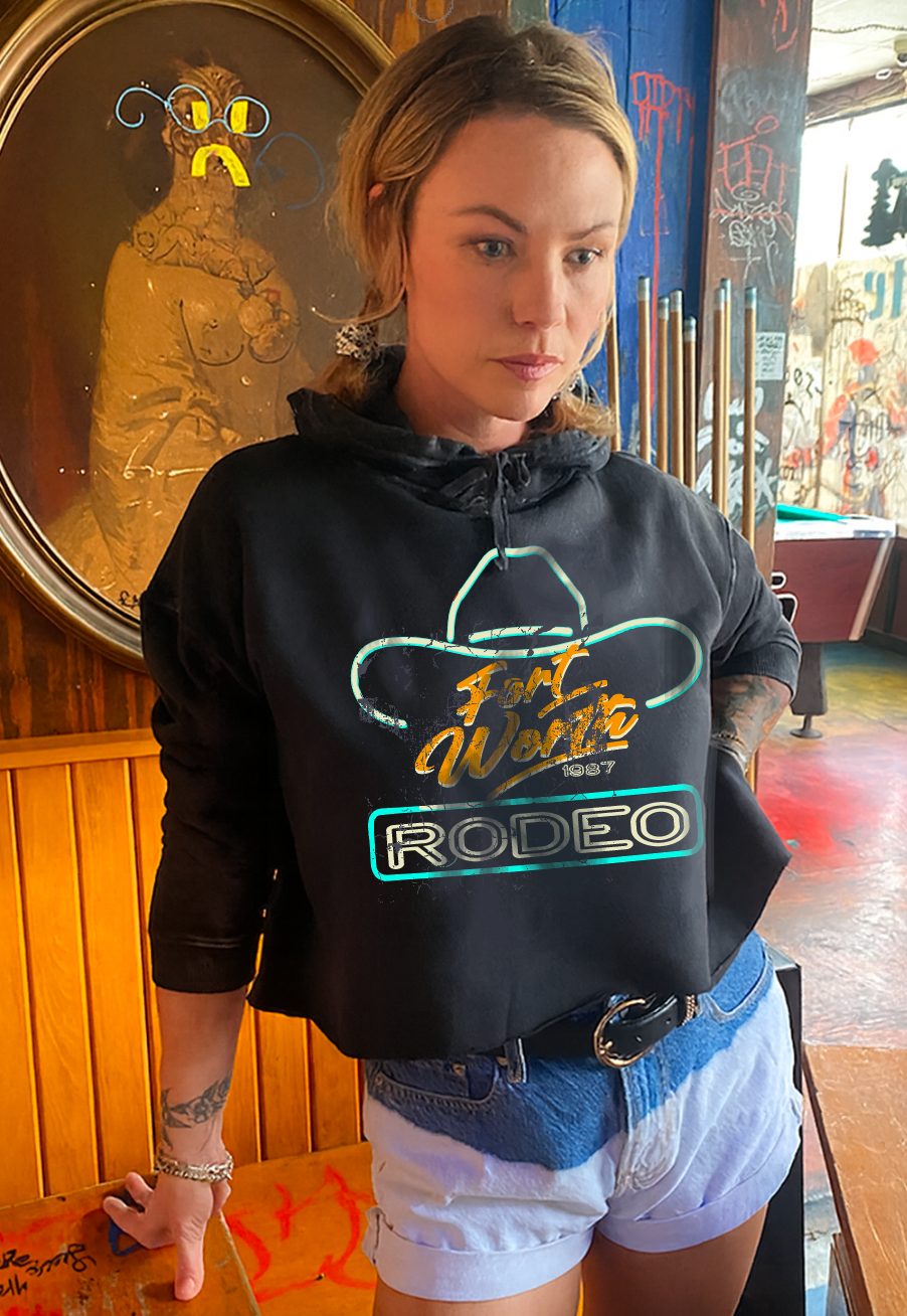 Fort Worth Rodeo 87' Acid Wash Cropped Hooded Sweatshirt