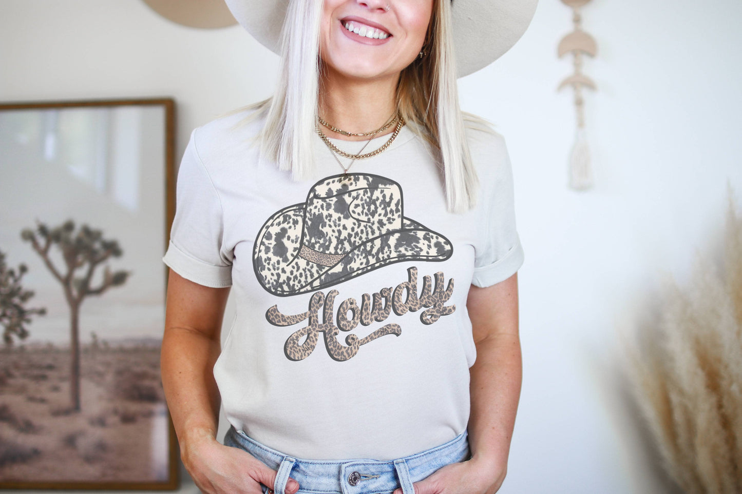 Cow Leopard Howdy Western Cowboy Hat Graphic Tee