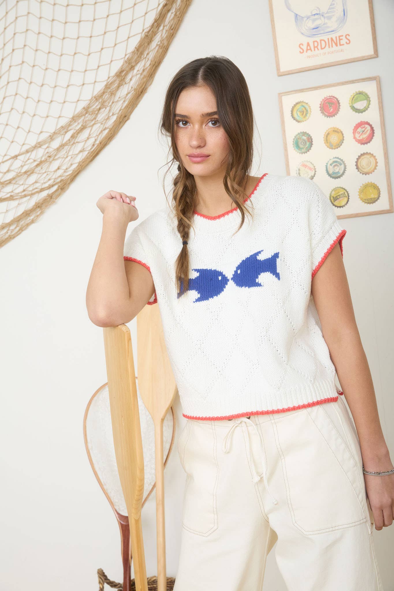Fish Jacquard Contrast Trim Short Sleeve Sweater
