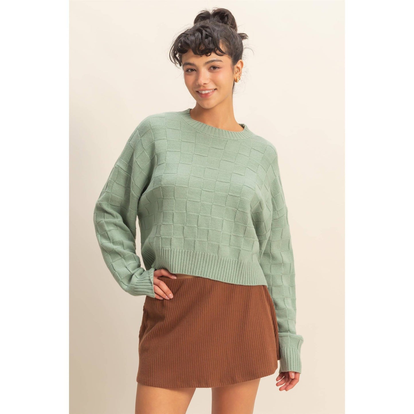 Long Sleeve Square Texture Sweater