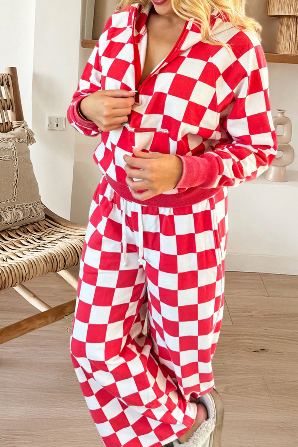 Checkered Print Half Zip Hoodie Loose Pant Set (S-Xl)