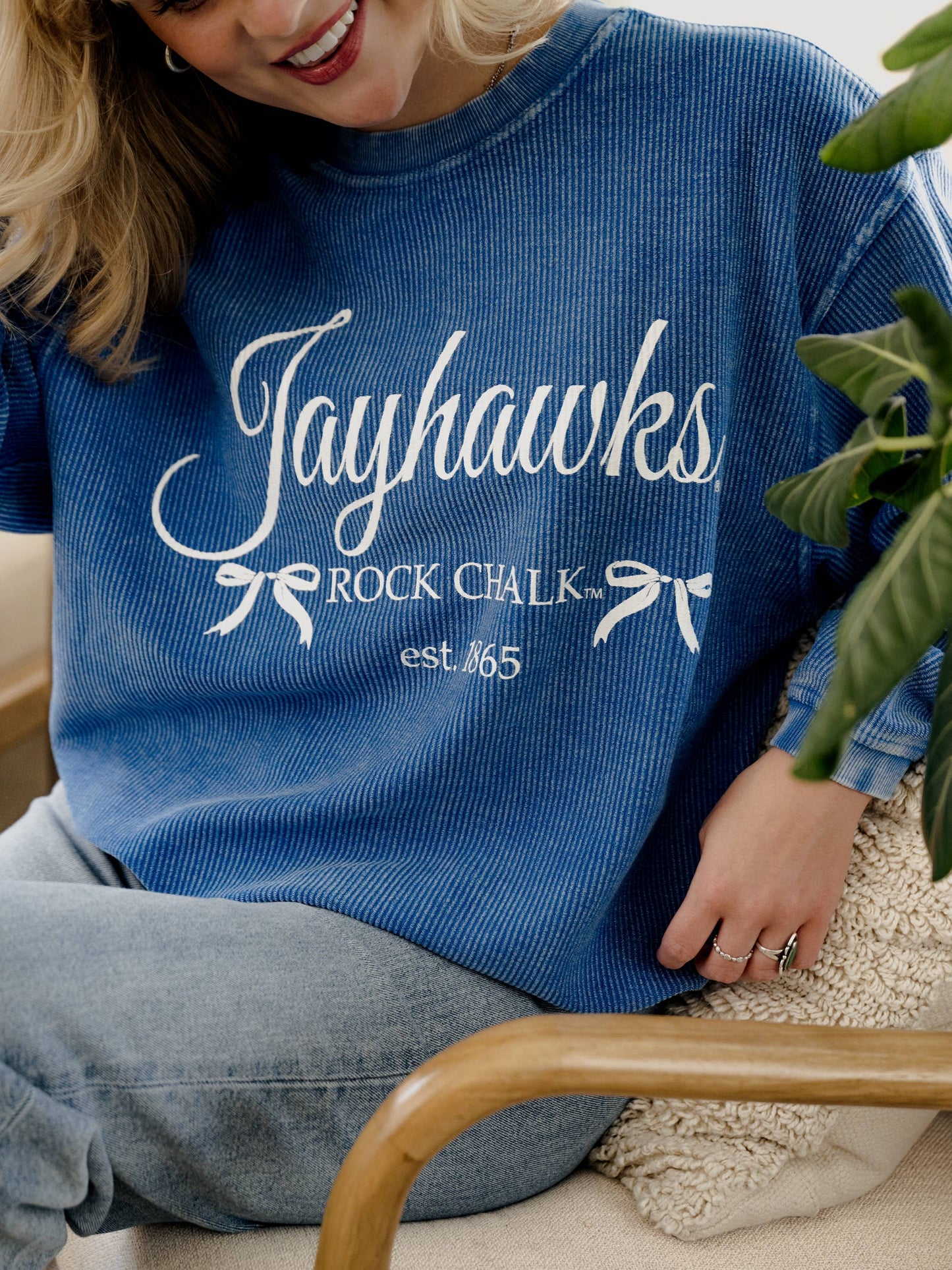 Ku Jayhawks Established Bows Blue Corded Crew Sweatshirt