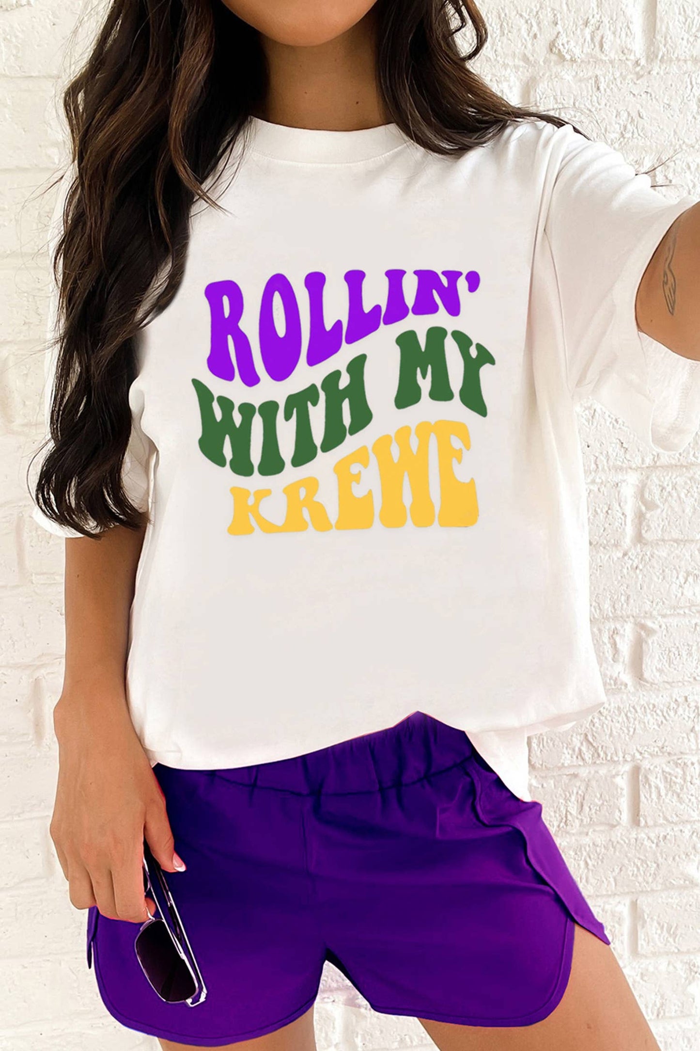 Rollin with My Krewe Letter Printed T Shirt (S-Xl)
