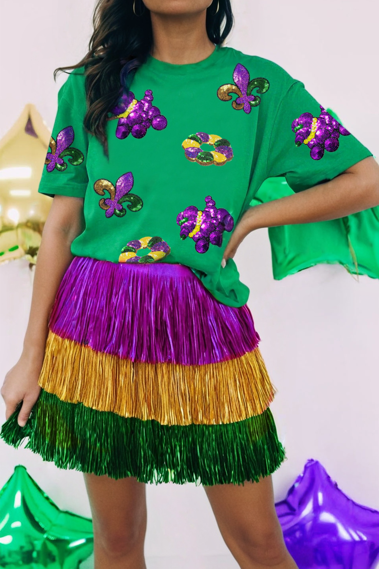 Mardi Gras Sequin Patched Graphic Tee (S-3XL)