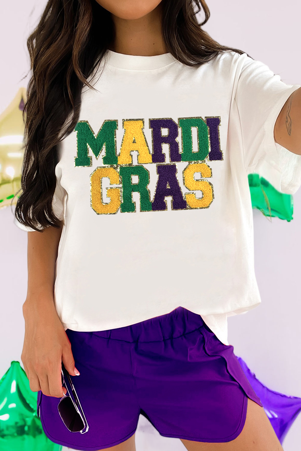 Chenille Mardi Gras Patched Graphic T Shirt (S-3XL)