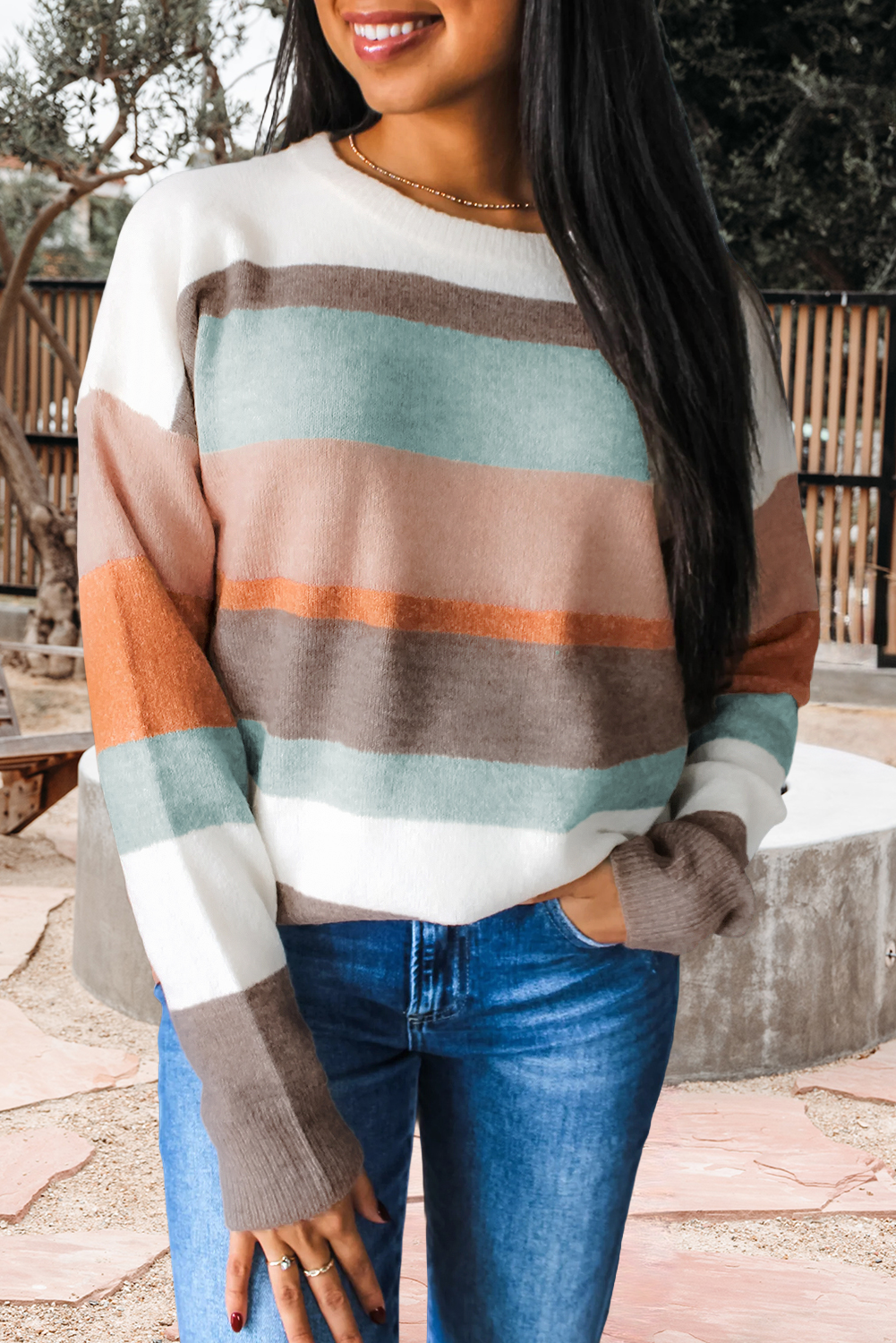 Striped Color Block Knit Drop Shoulder Sweater (S-Xl)
