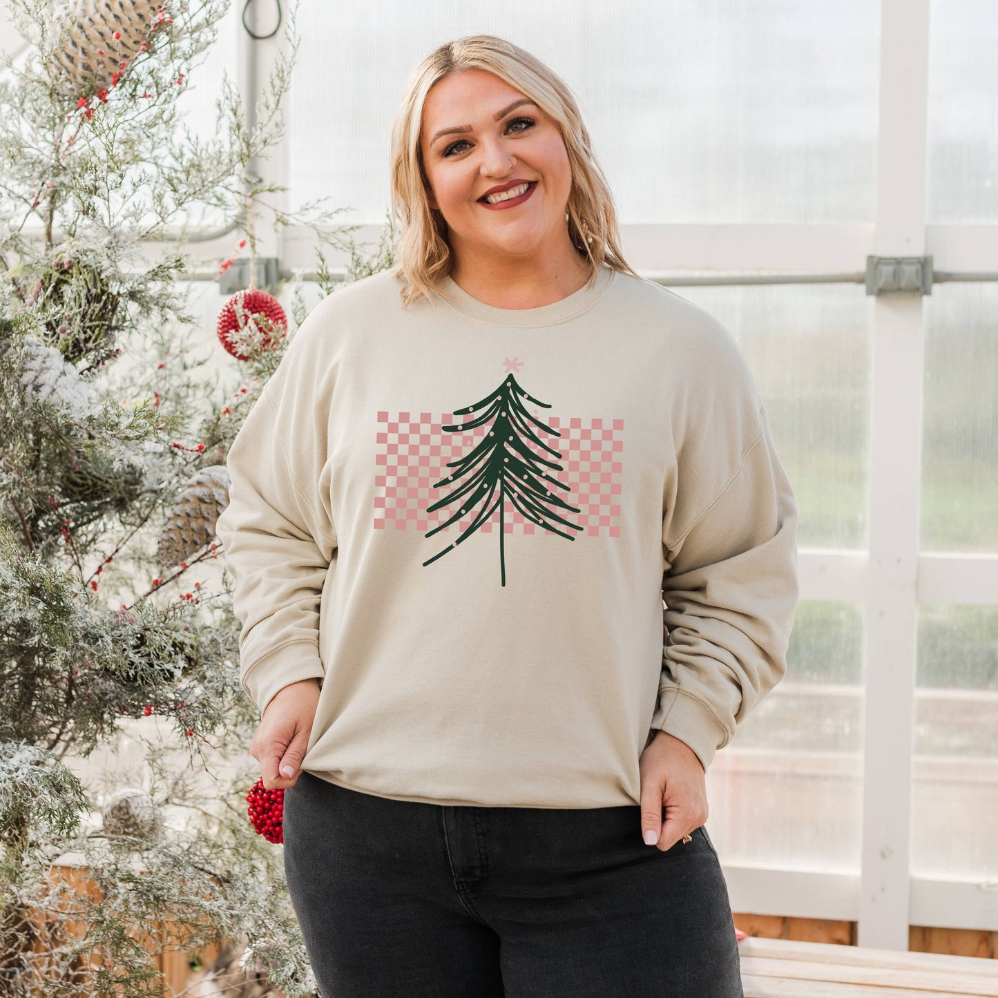 Checkers Tree Crewneck Sweatshirt | Christmas | Sizes S-2XL