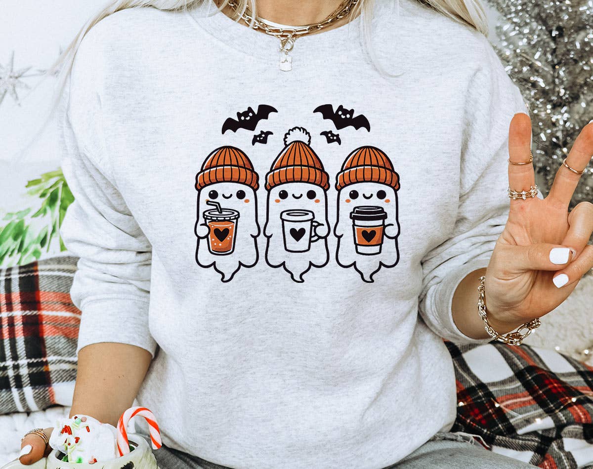 Three Cute Ghost's Drinking Coffee - Halloween Sweatshirt
