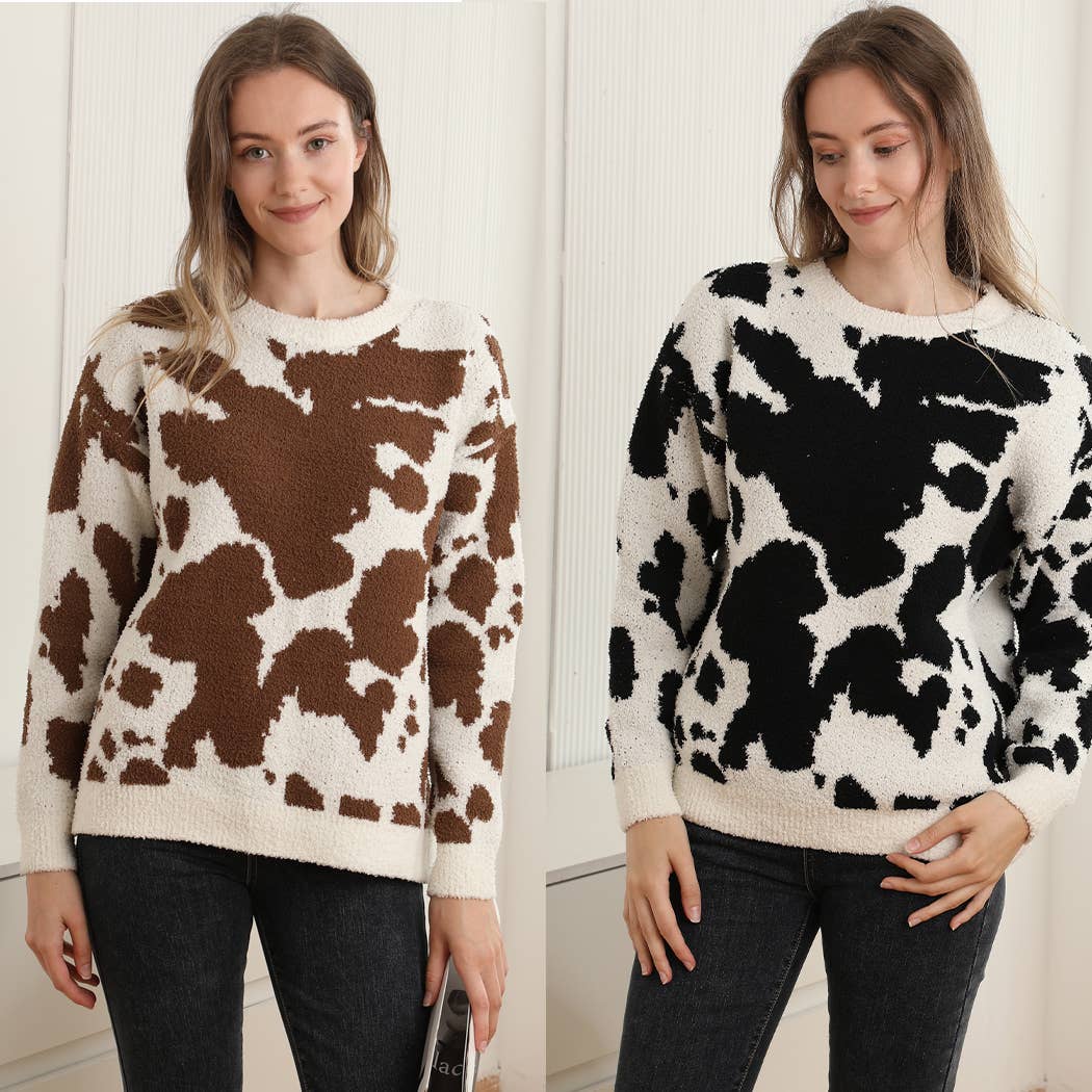 Cow Print Jacquard Cozy Crew Neck Sweater