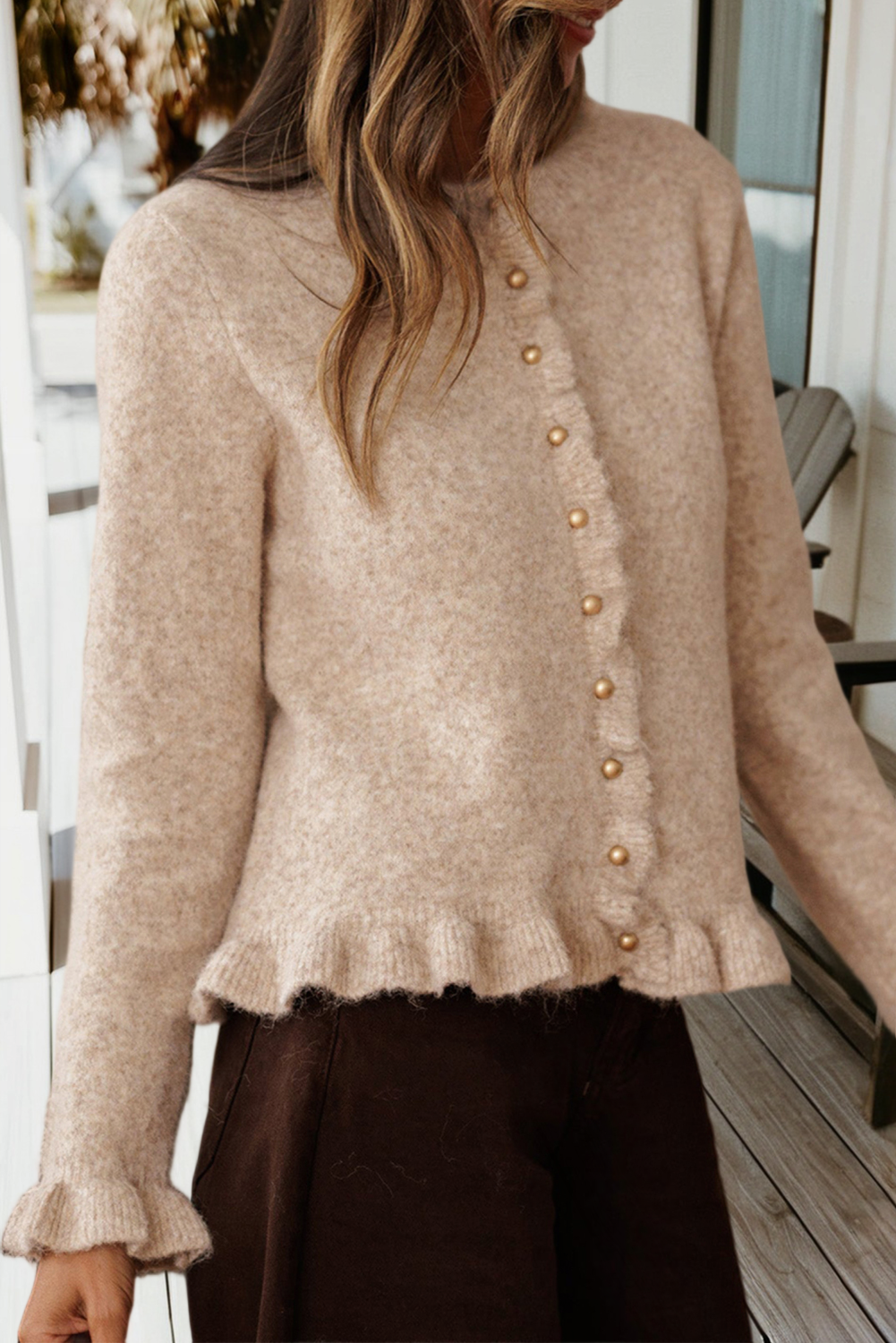 Ruffle Trim Gold Button Sweater Cardigan (S-Xl)