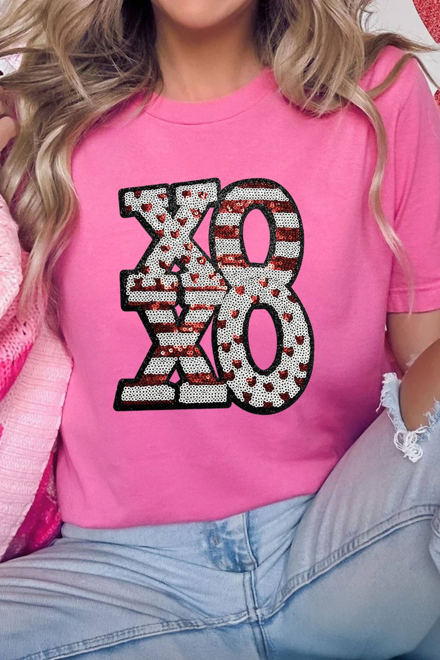 Sequined Xoxo Graphic Valentine T Shirt (S-3XL)