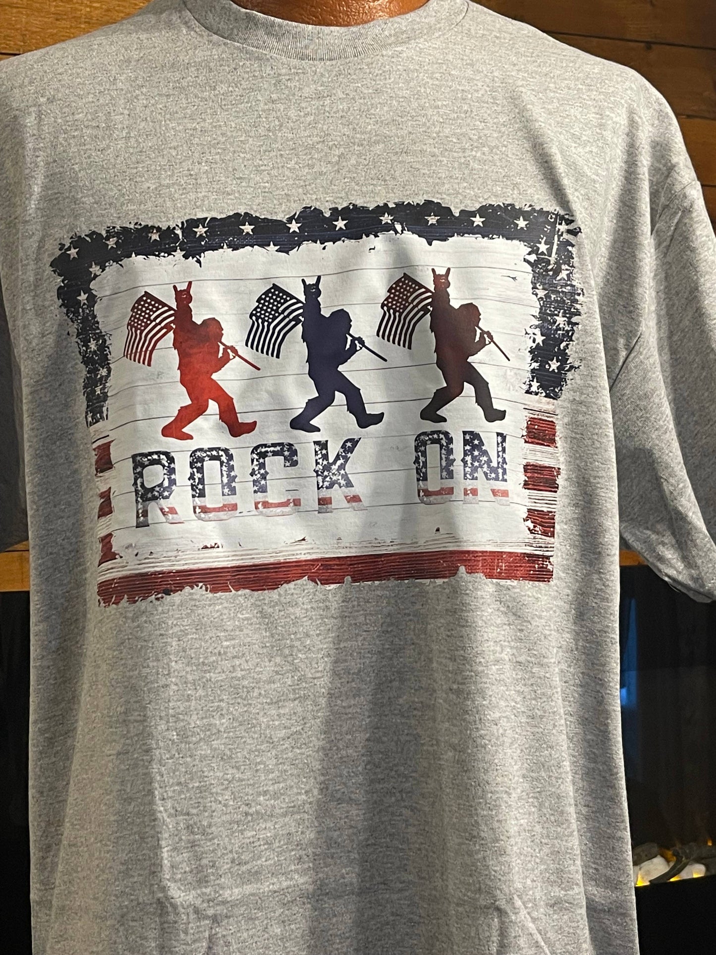 Patriotic Bigfoot "Rock On" T-Shirt (Grey)