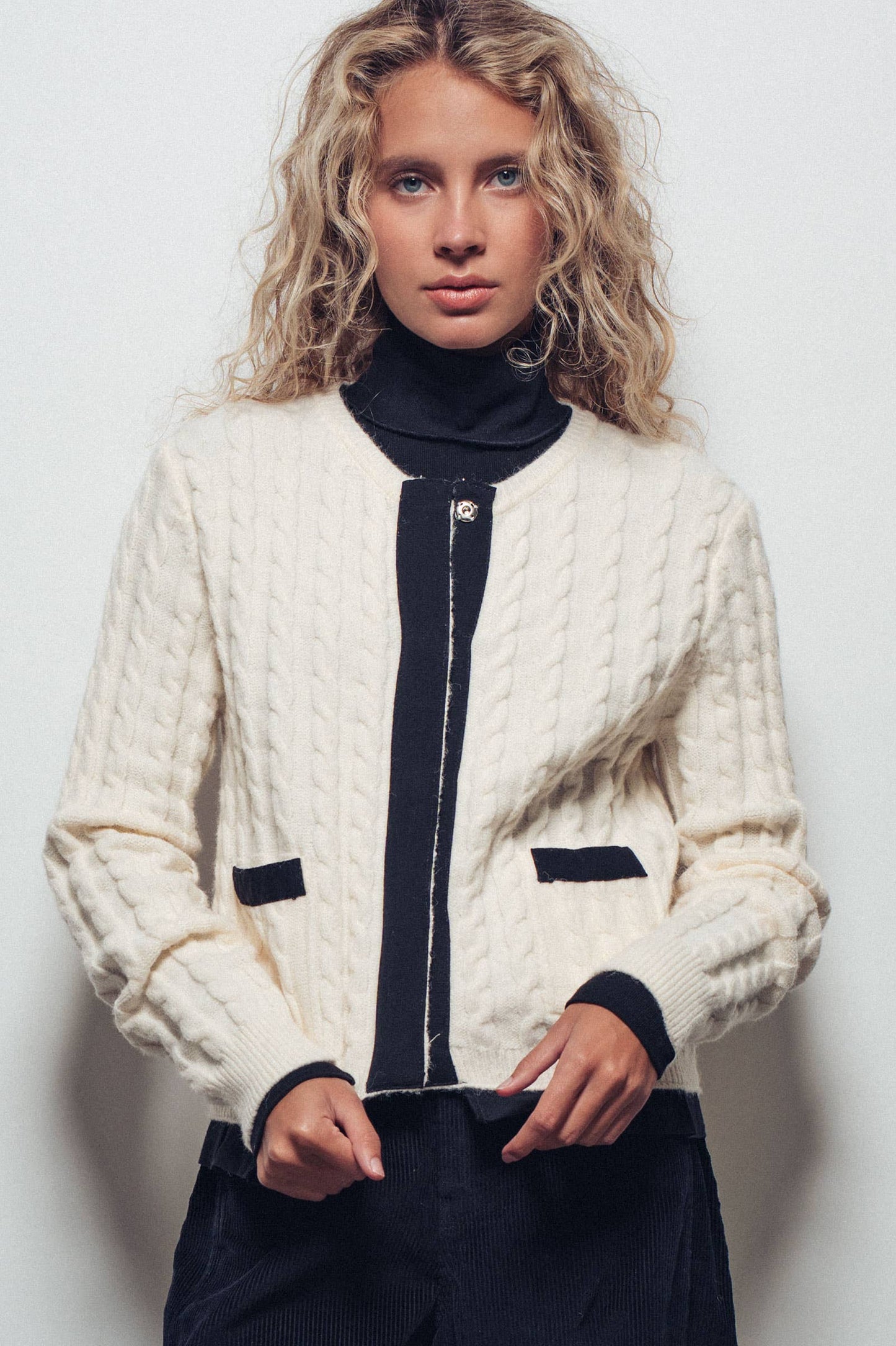 Cable Knit Snap Front Ribbed Trim Long Sleeve Sweater