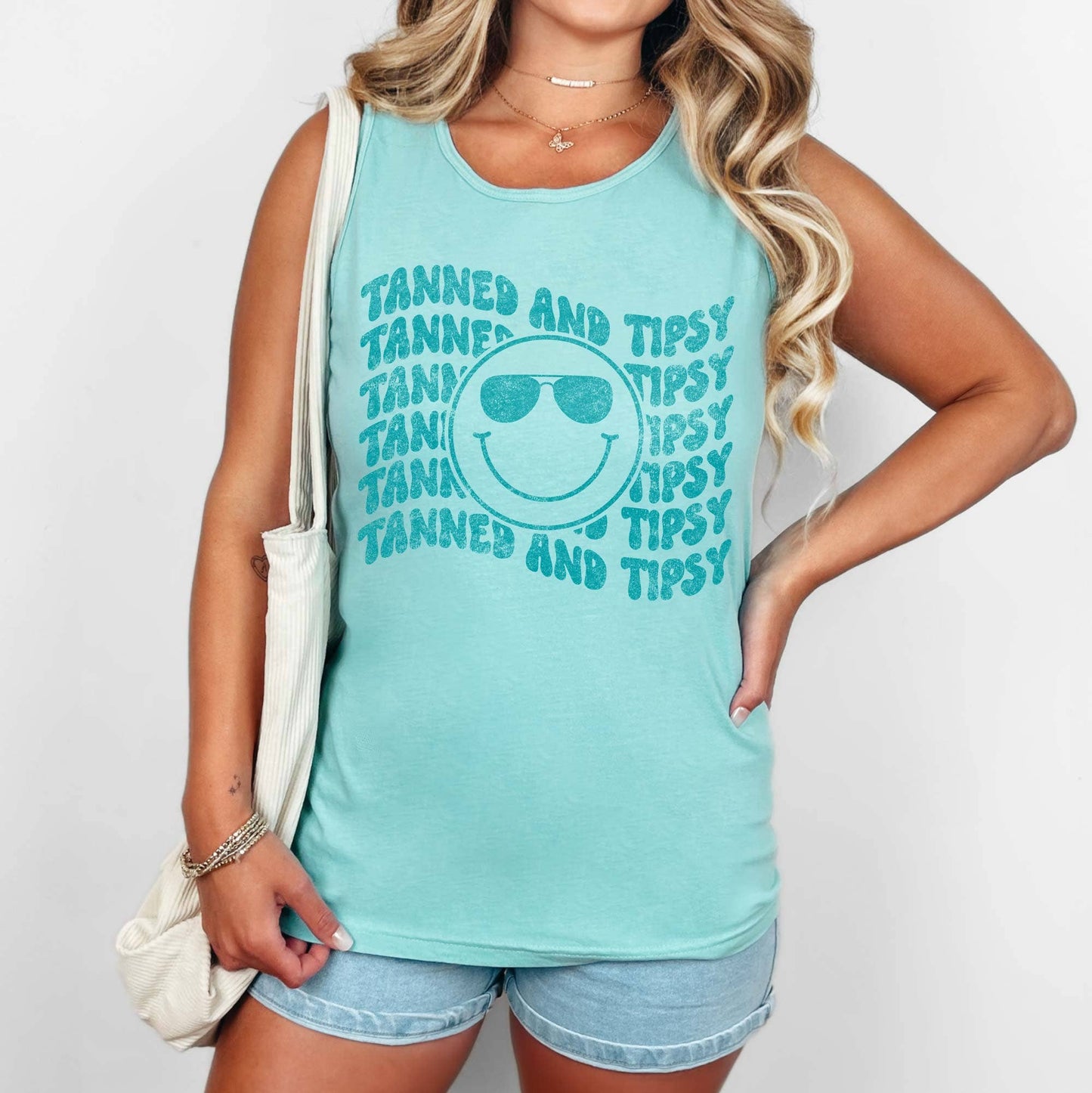 Tanned and Tipsy Retro Smiley Garment Dyed Tank Top