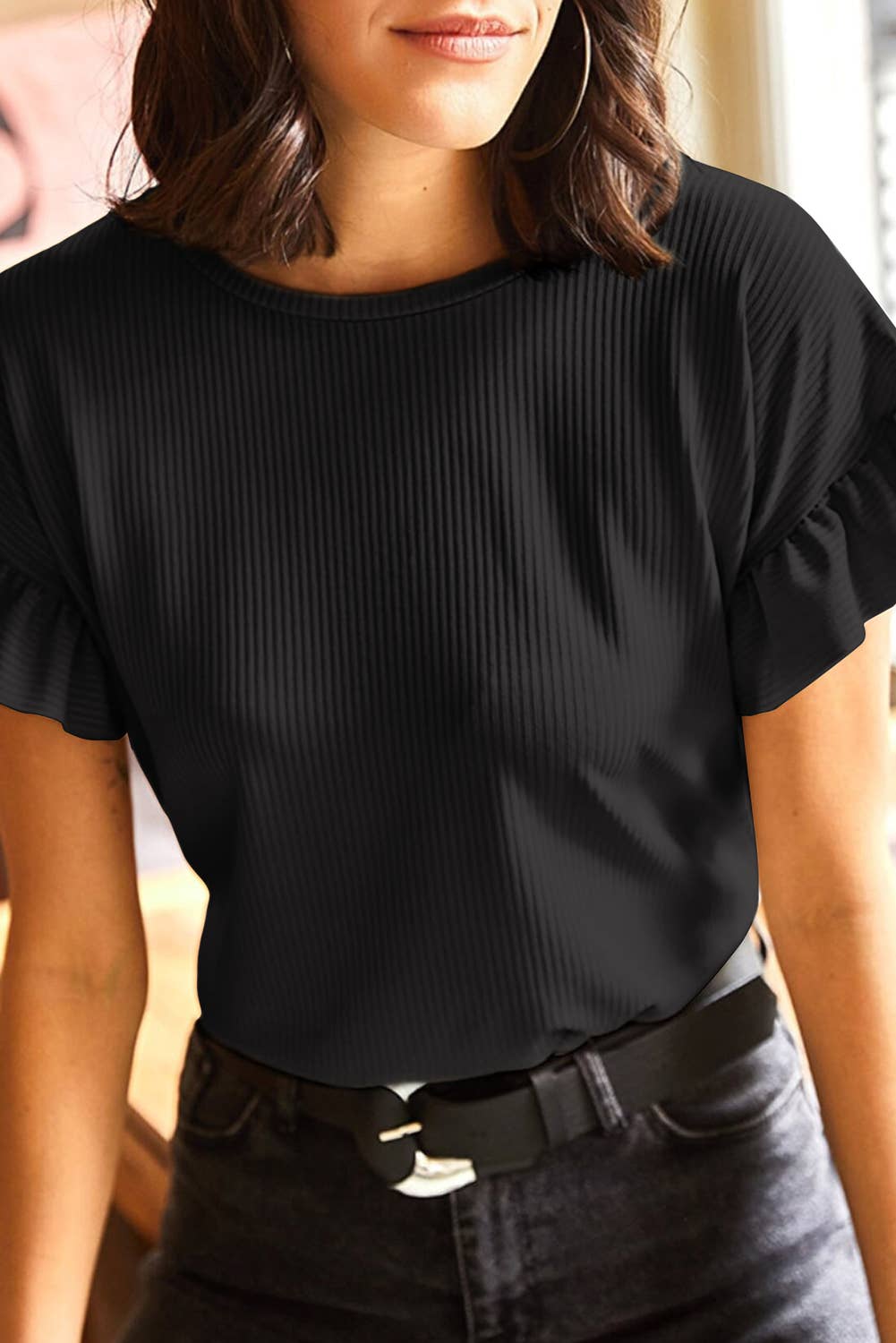 Solid Color Ribbed Ruffled Short Sleeve T Shirt (S-2XL)