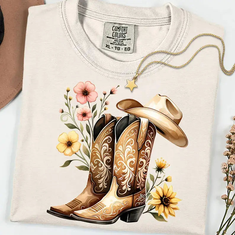 Floral Western Cowboy Boots and Hat Comfort Colors Tee