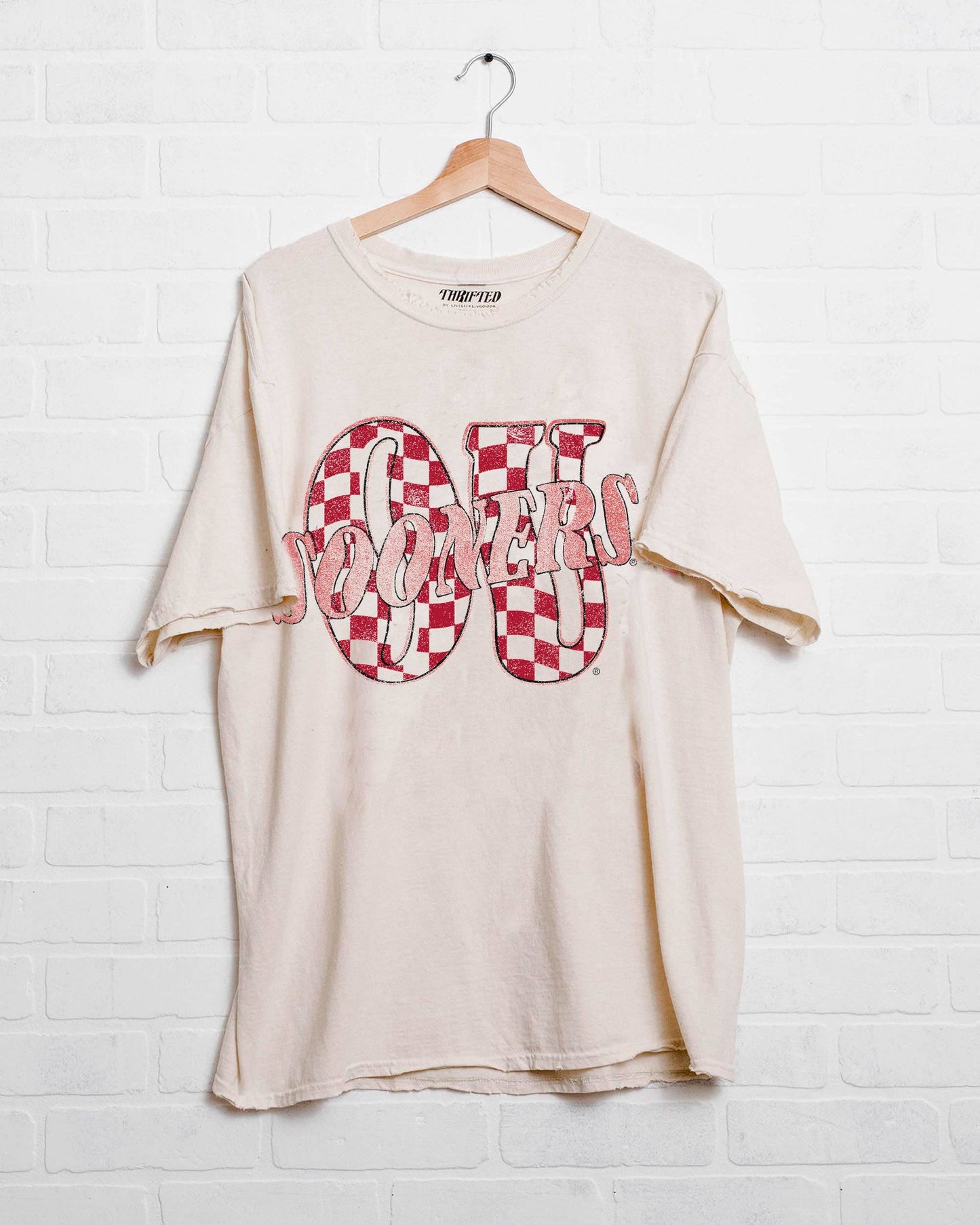 Ou Oklahoma Sooners Twisted Check Off White Thrifted Tee