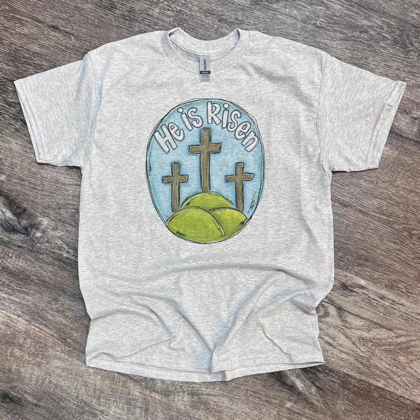 He Is Risen Three Crosses On Ash Gray Tee