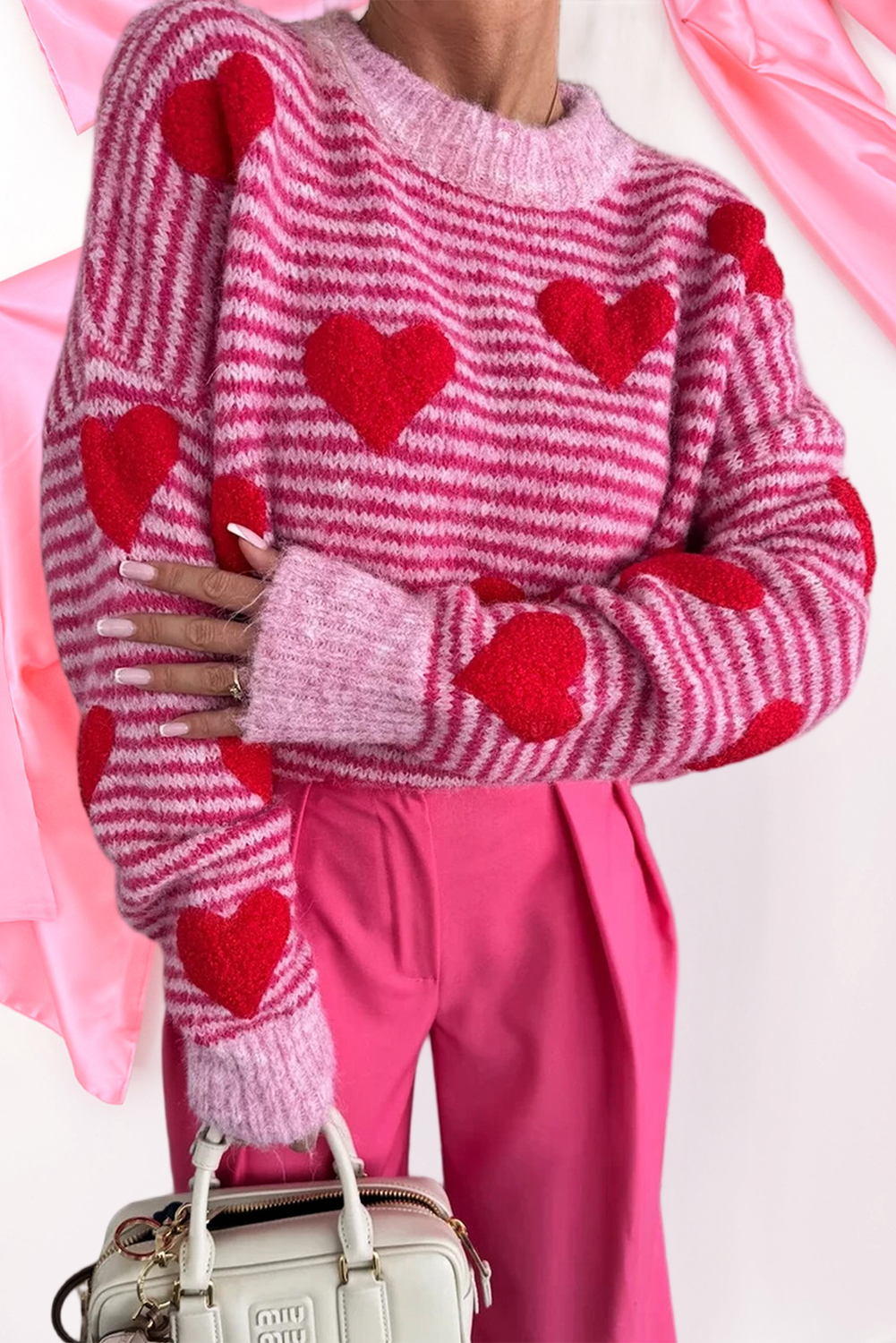 Stripe Contrast Heart Pattern Brushed Knit Sweater (S-Xl)