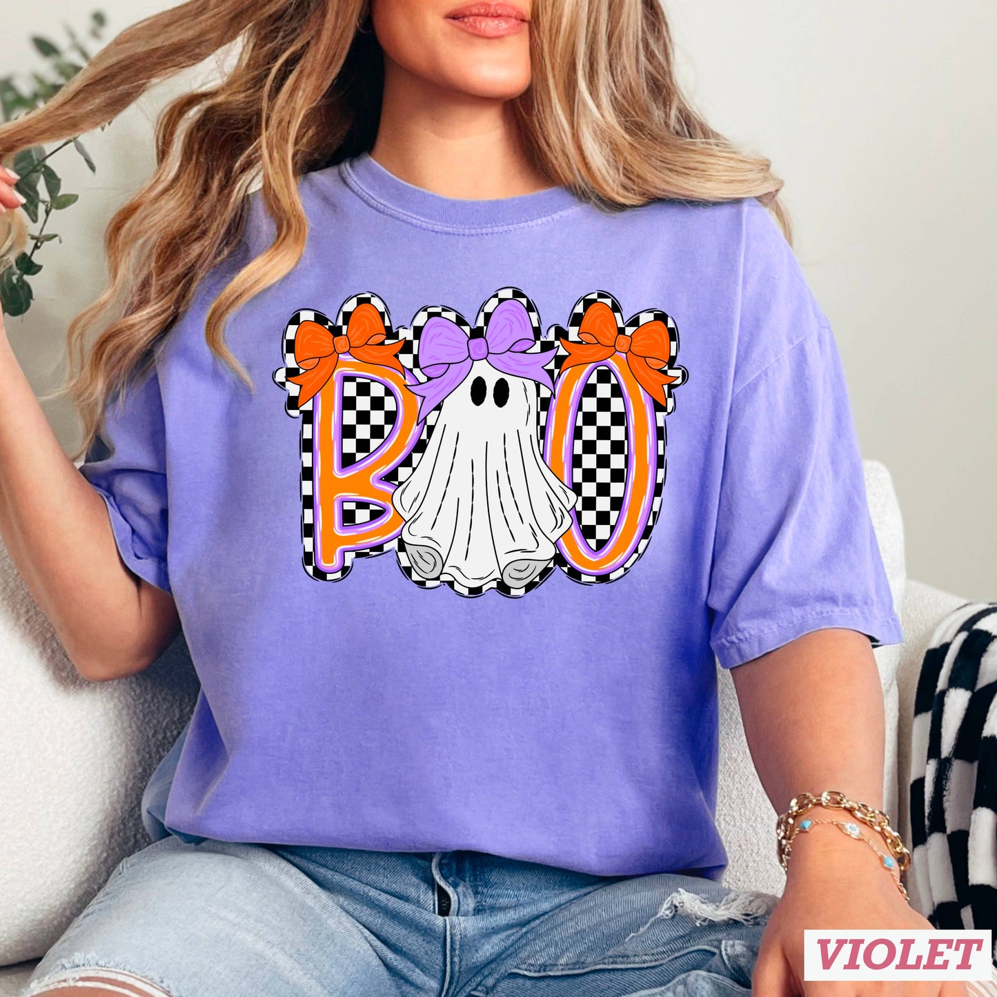 Halloween 2025 Checkered Boo Graphic Shirt | Comfort Color