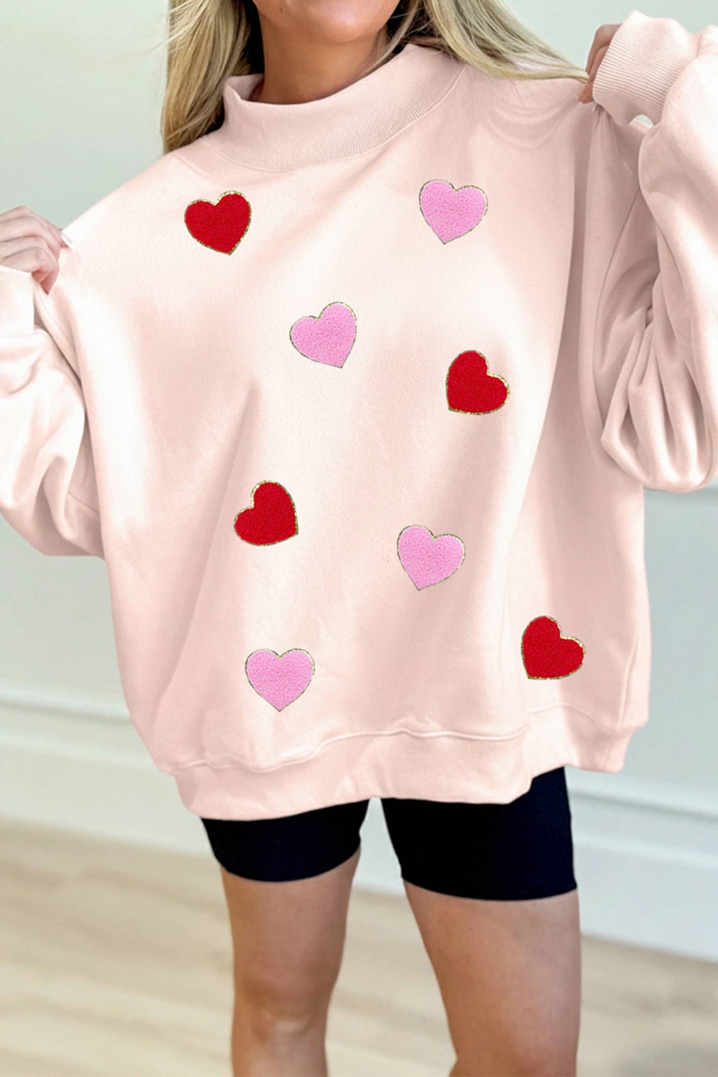 Glitter Trim Chenille Heart Patched Sweatshirt (S-Xl)