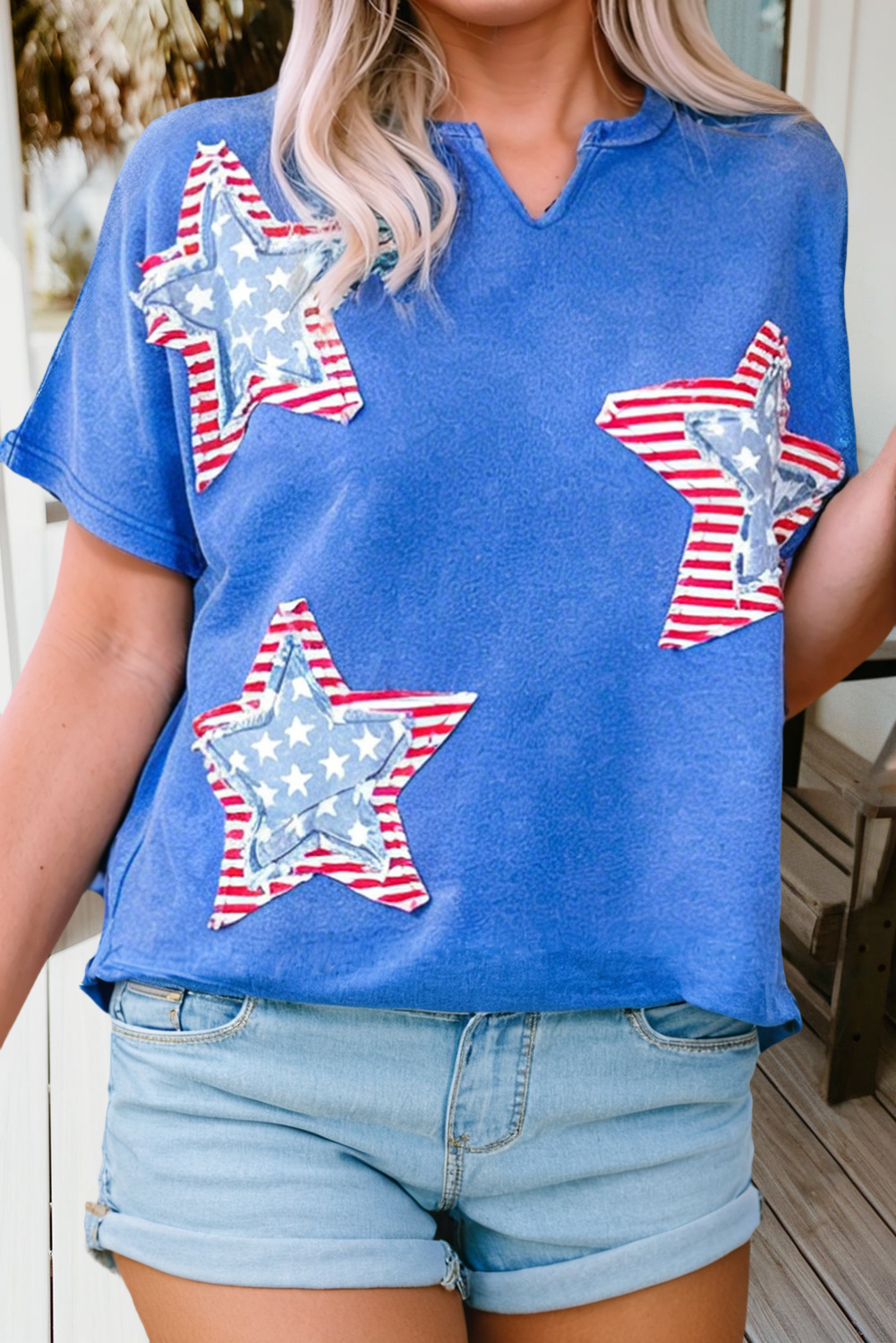 Plus Flag Day Patriot Star Patched Mineral Wash Tee (S-4X)