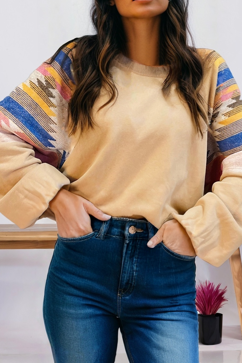 Tribal Patchwork Raglan Pullover Sweatshirt (S-Xl)