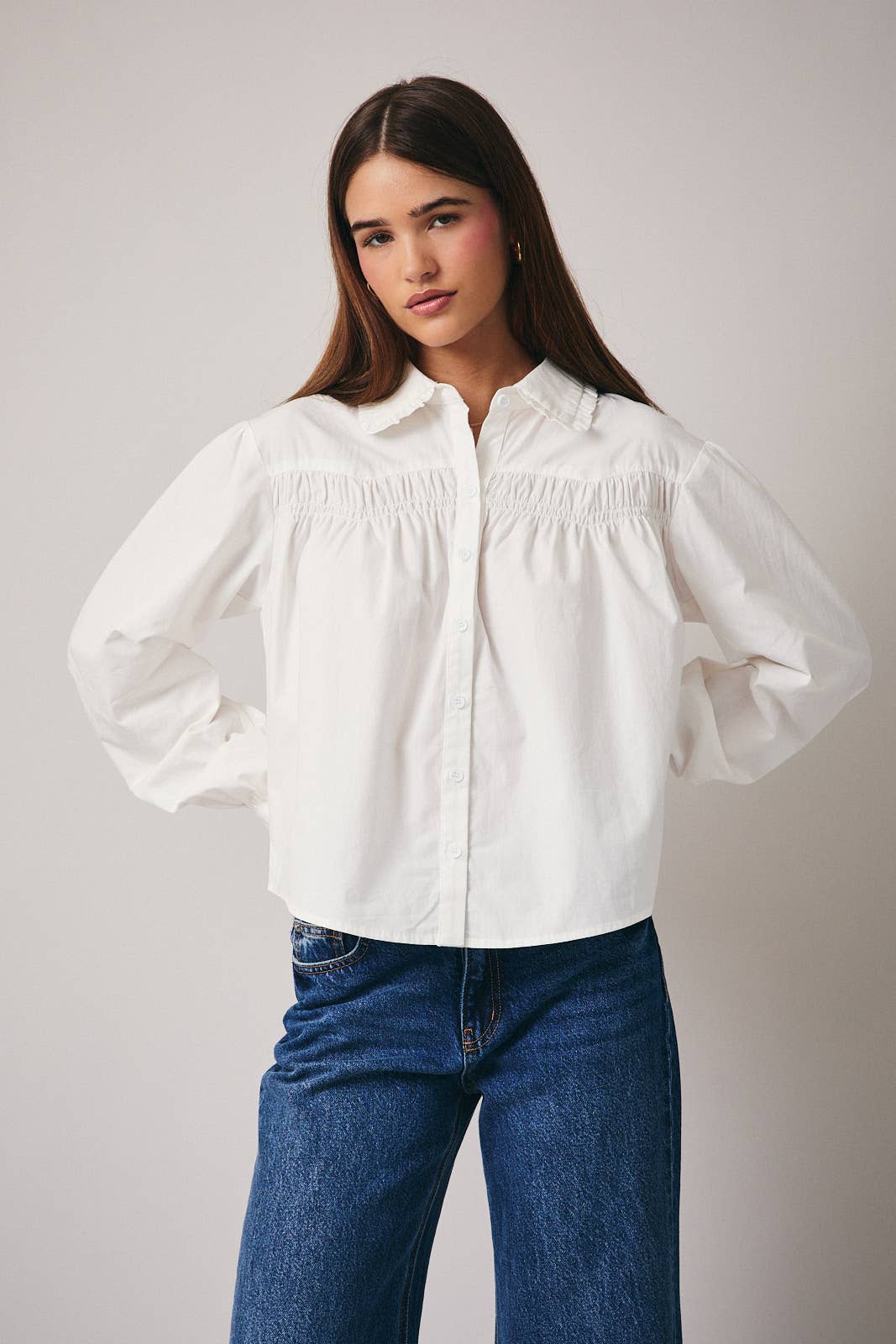 Long Sleeve Shirring Detail Button Down Shirt