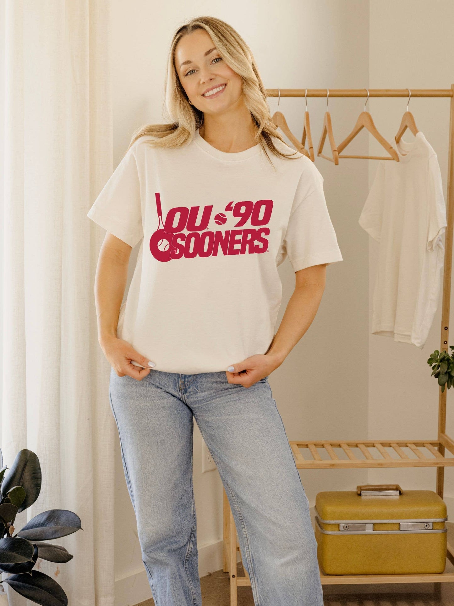 Ou Oklahoma Sooners 90s Tennis Off White Thrifted Tee