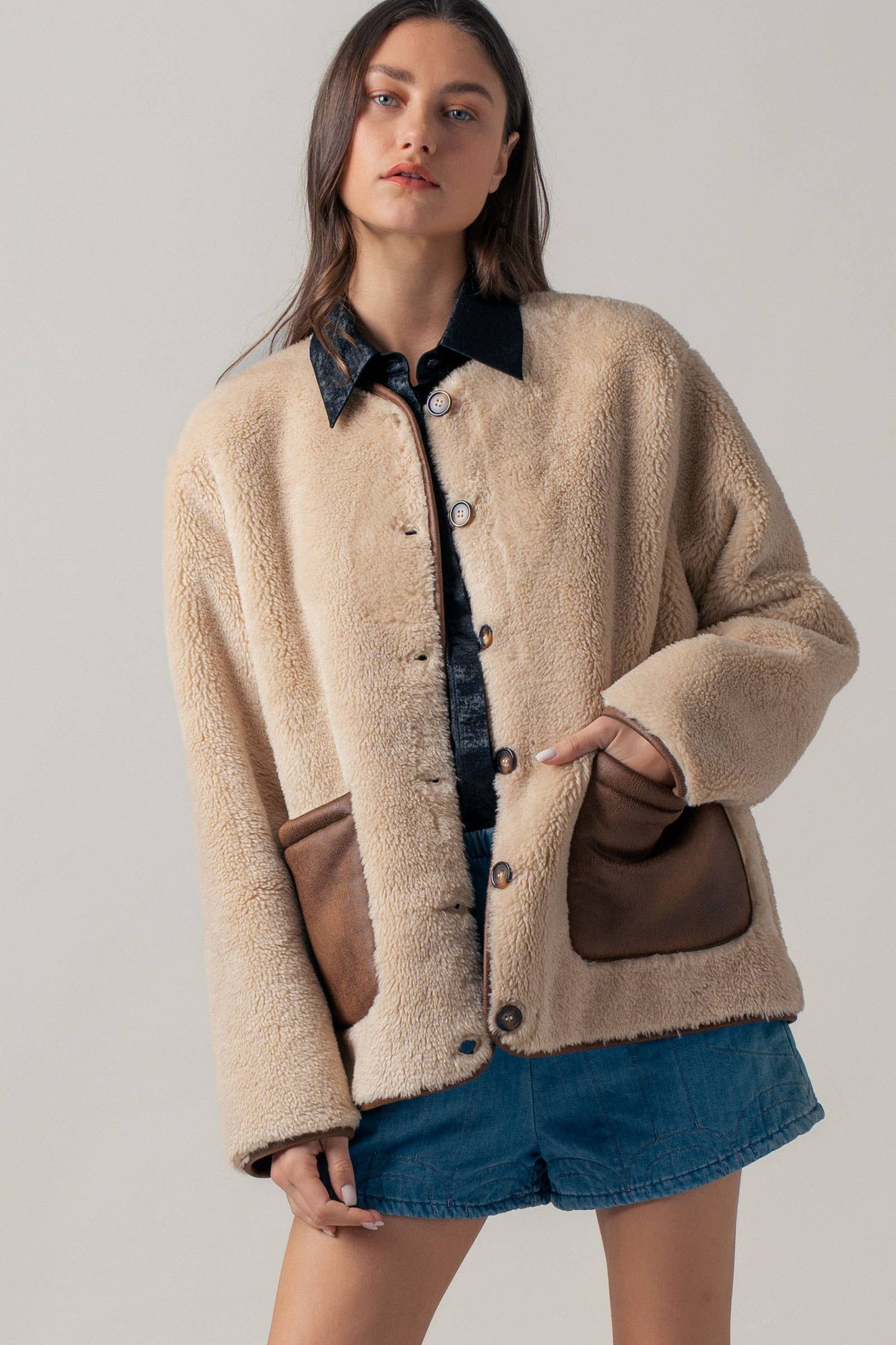 Faux Shearling Jacket with Suede Pockets