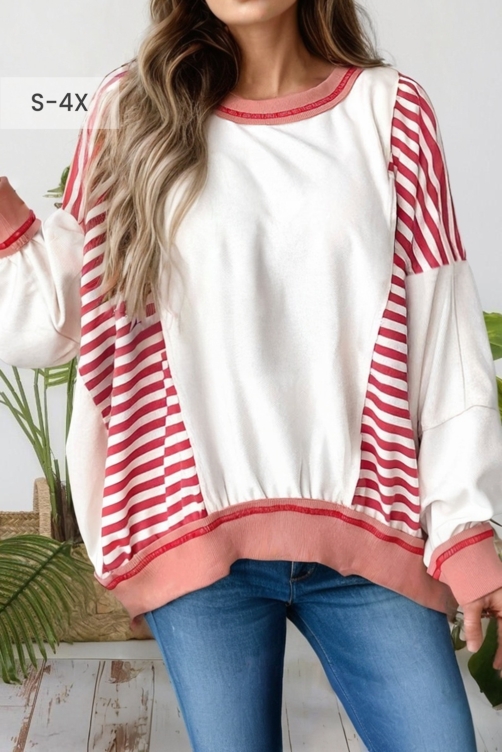 66 Stripe Colorblock Plus Size Oversize Sweatshirt (S-4X)
