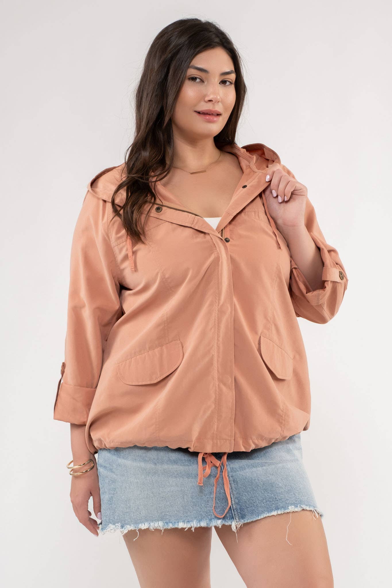 Plus Snap Button Zip Up Hooded Jacket
