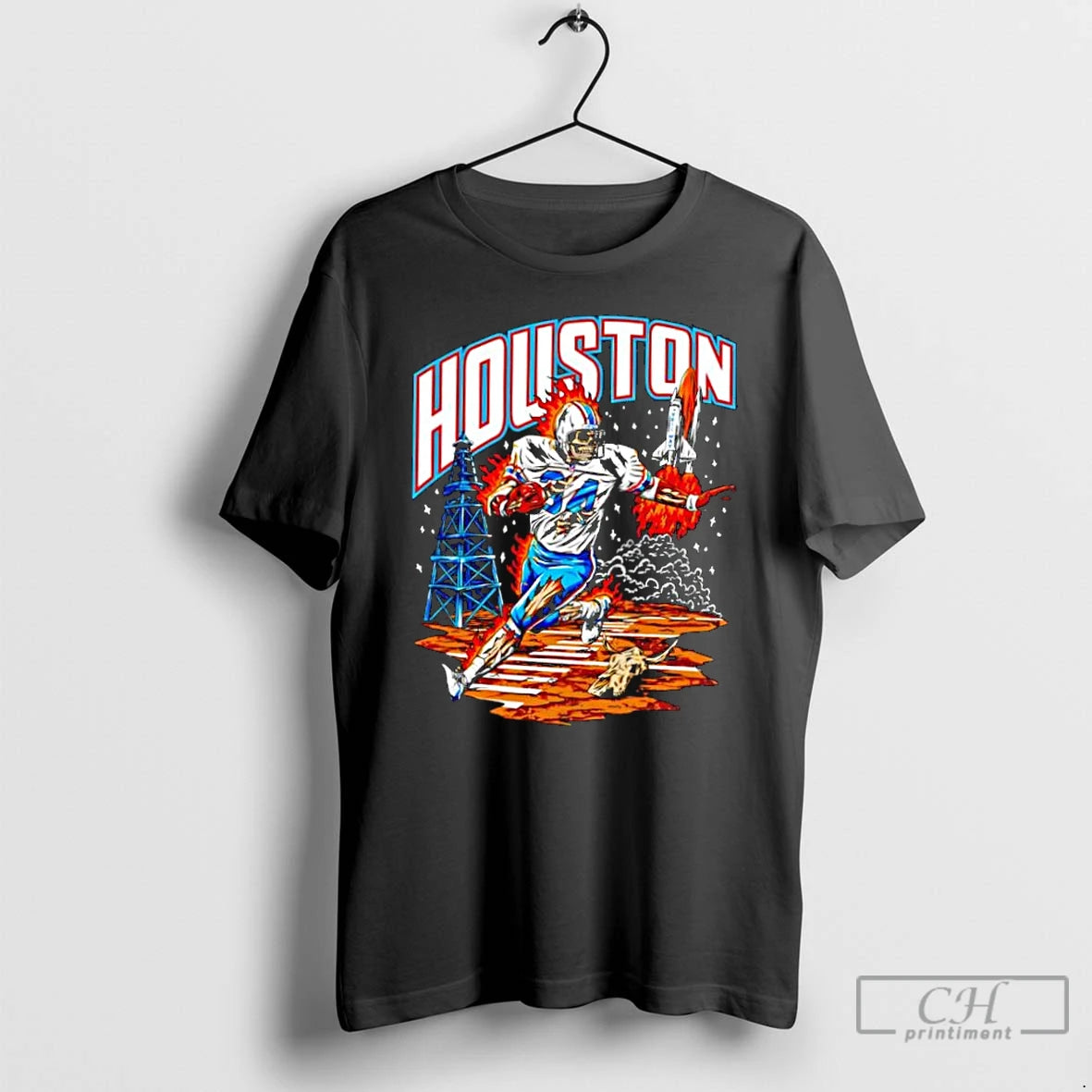 Classic Houston Oil Derricks Space Shuttle Skeleton Football Player 34 Running On Fire T Shirts