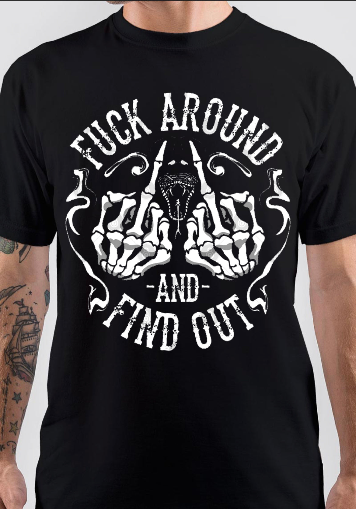 Fuck Around and Find Out Middle Finger Snake Head with Smoke Black T-Shirt