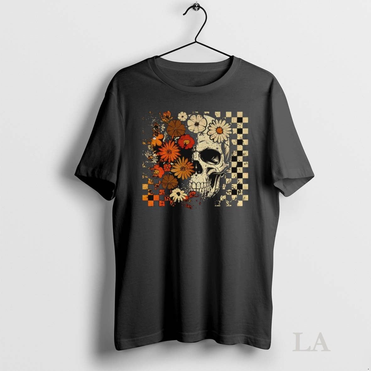Original Funny Skull Checkered Skeleton Floral Spooky Season Halloween