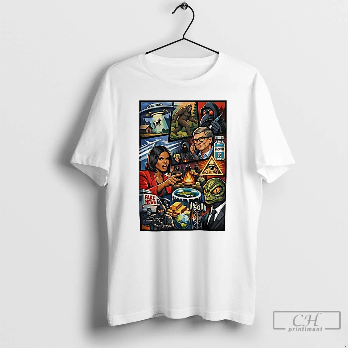 Premium Bill Gates Conspiracy Eye Of Providence Bigfoot Alien Fake News Vaccine Graphic T Shirts