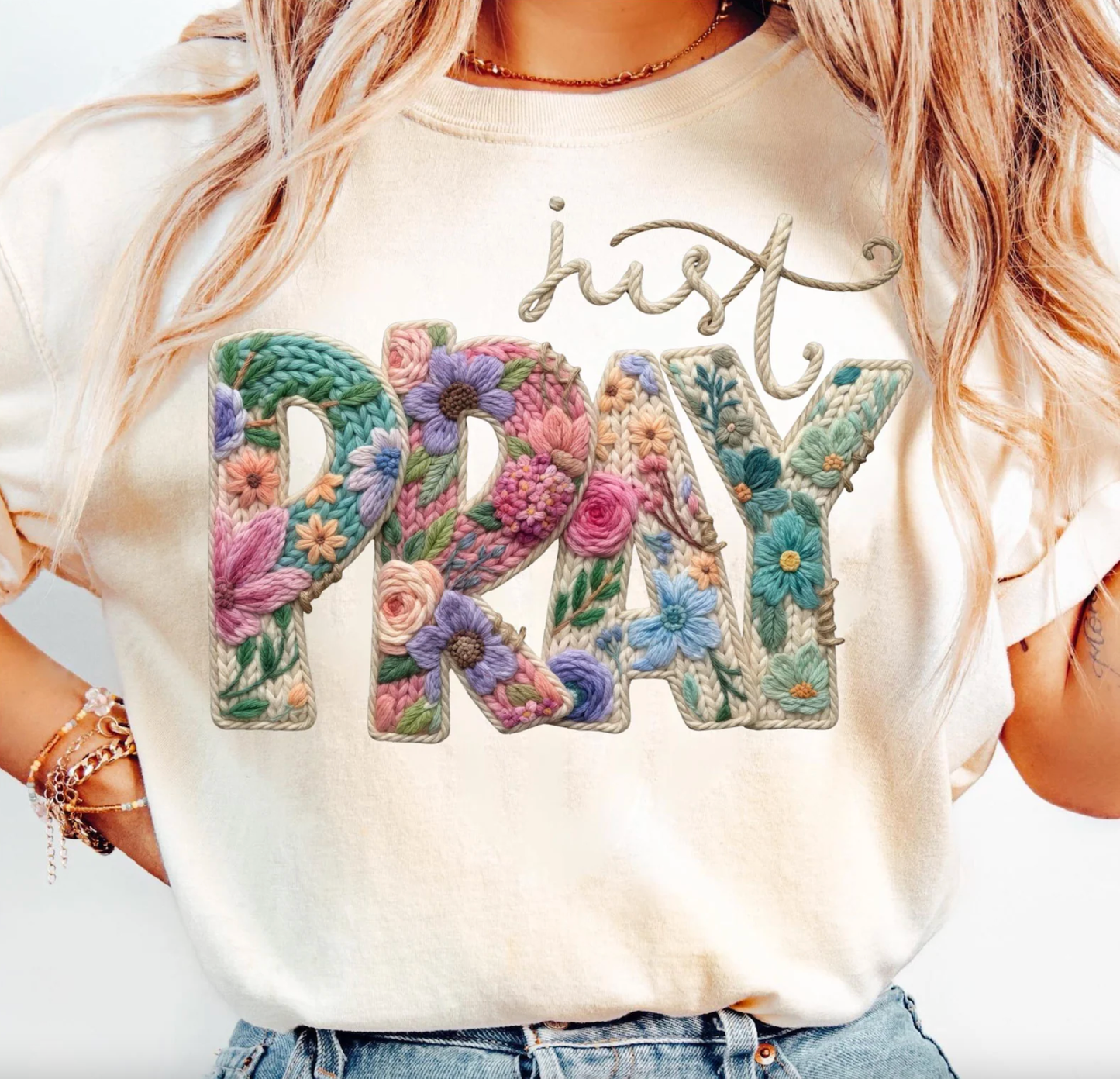 Just Pray Faux Yarn Crochet Comfort Color Tee