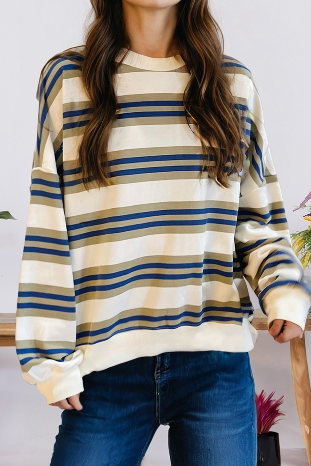 Stripe Crew Neck Drop Shoulder Pullover Sweatshirt (S-Xl)