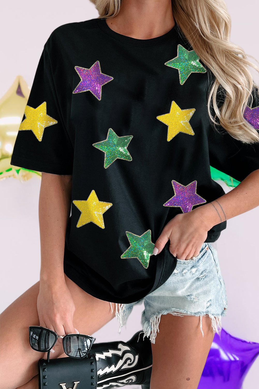 Colorful Sequin Stars Patched Relaxed T Shirt (S-3XL)