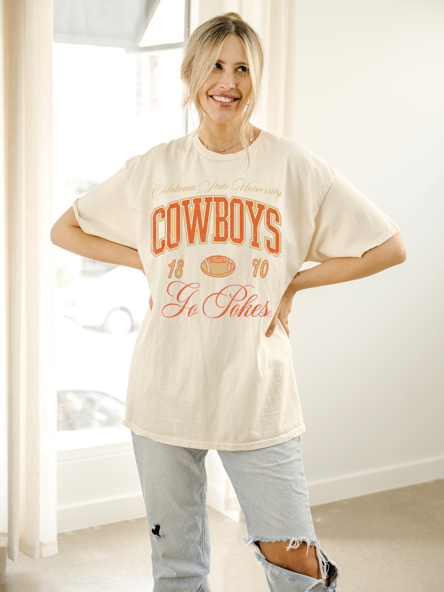 Oklahoma State Osu Cowboys Wave Arch Off White Thrifted Tee