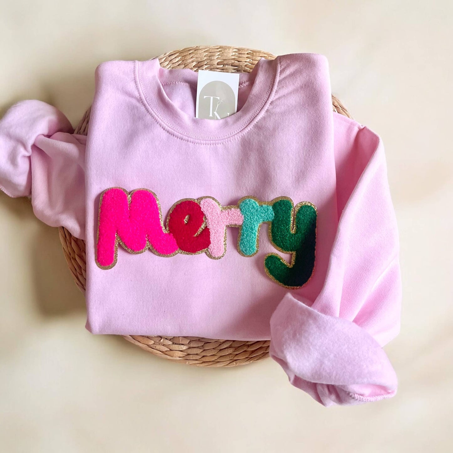 Chenille Patch Merry Sweatshirt, Coquette Christmas Sweater