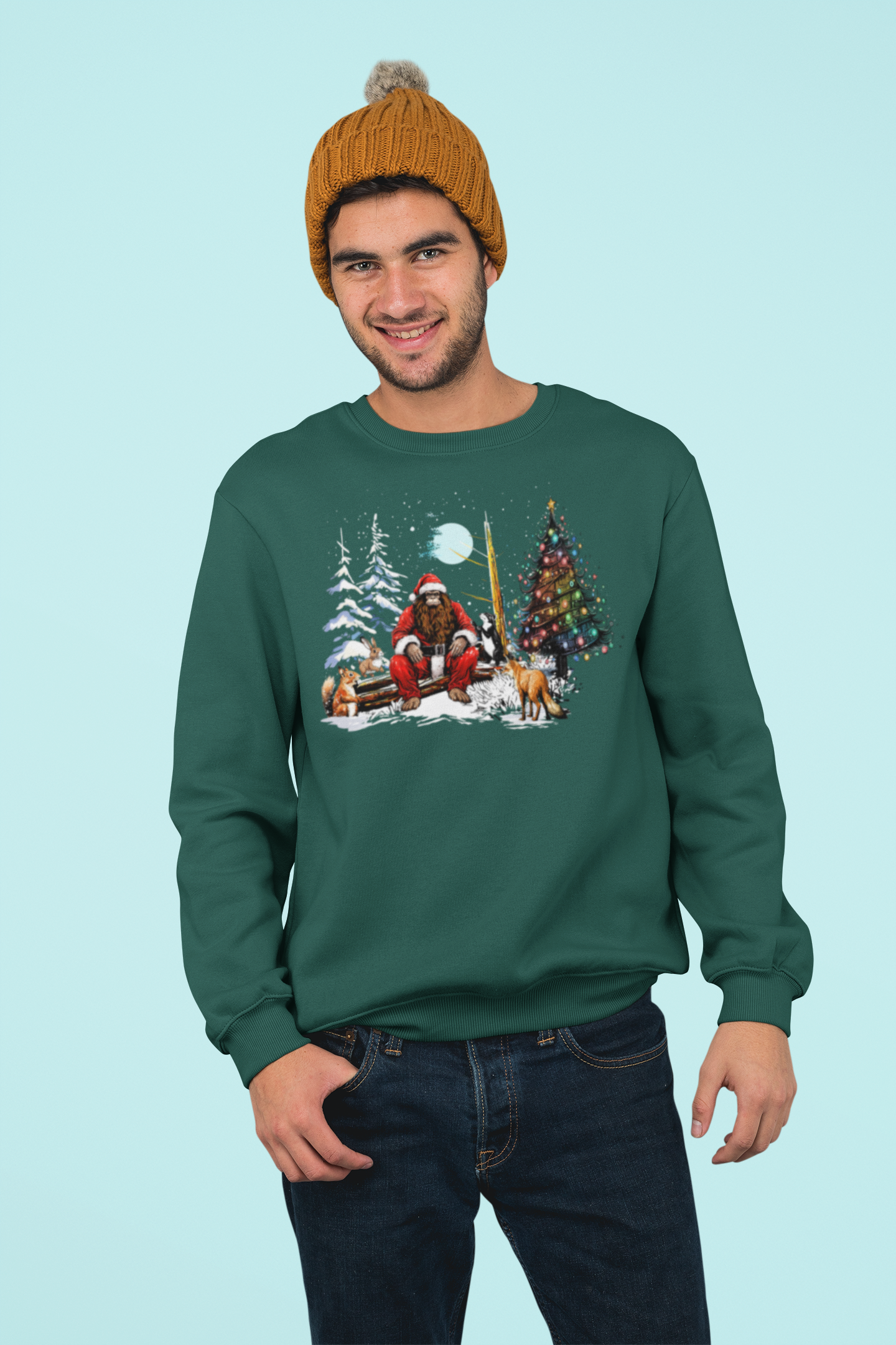 Santa Squatch & Animals Winter Scene Sweatshirt